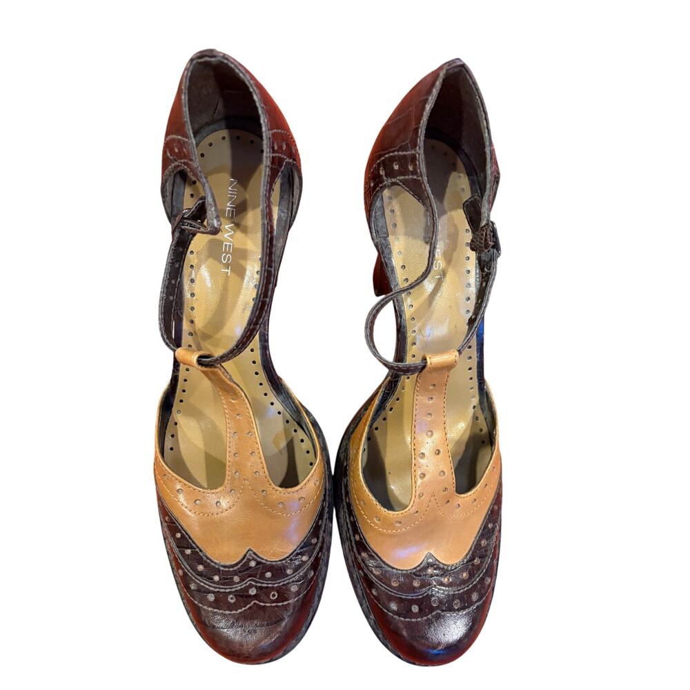 NINE WEST Women's T-Strap Spectator Wingtip Block Heels Brown 9.5 Vintage Y2K - Picture 8 of 10